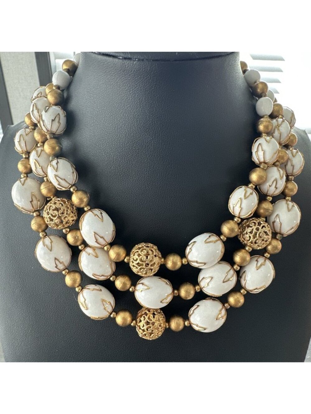 VTG Deauville Necklace White Lucite Gold Leaf Caps Triple Strand Filigree Bead